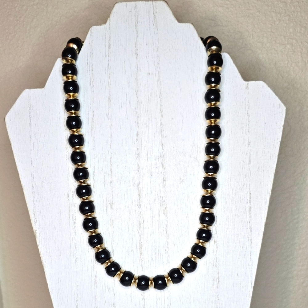 Charming Charlie Gold Tone Necklace With Black Beads - Approx 18 Inches Long
